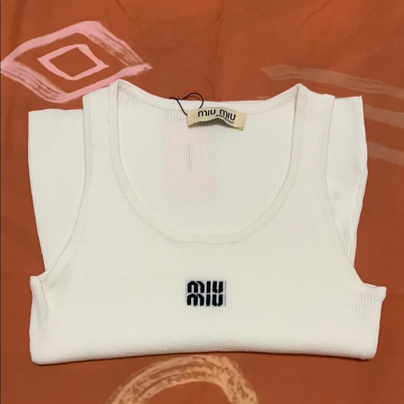 Miu Miu White Ribbed Tank Top - Picture 1 of 5